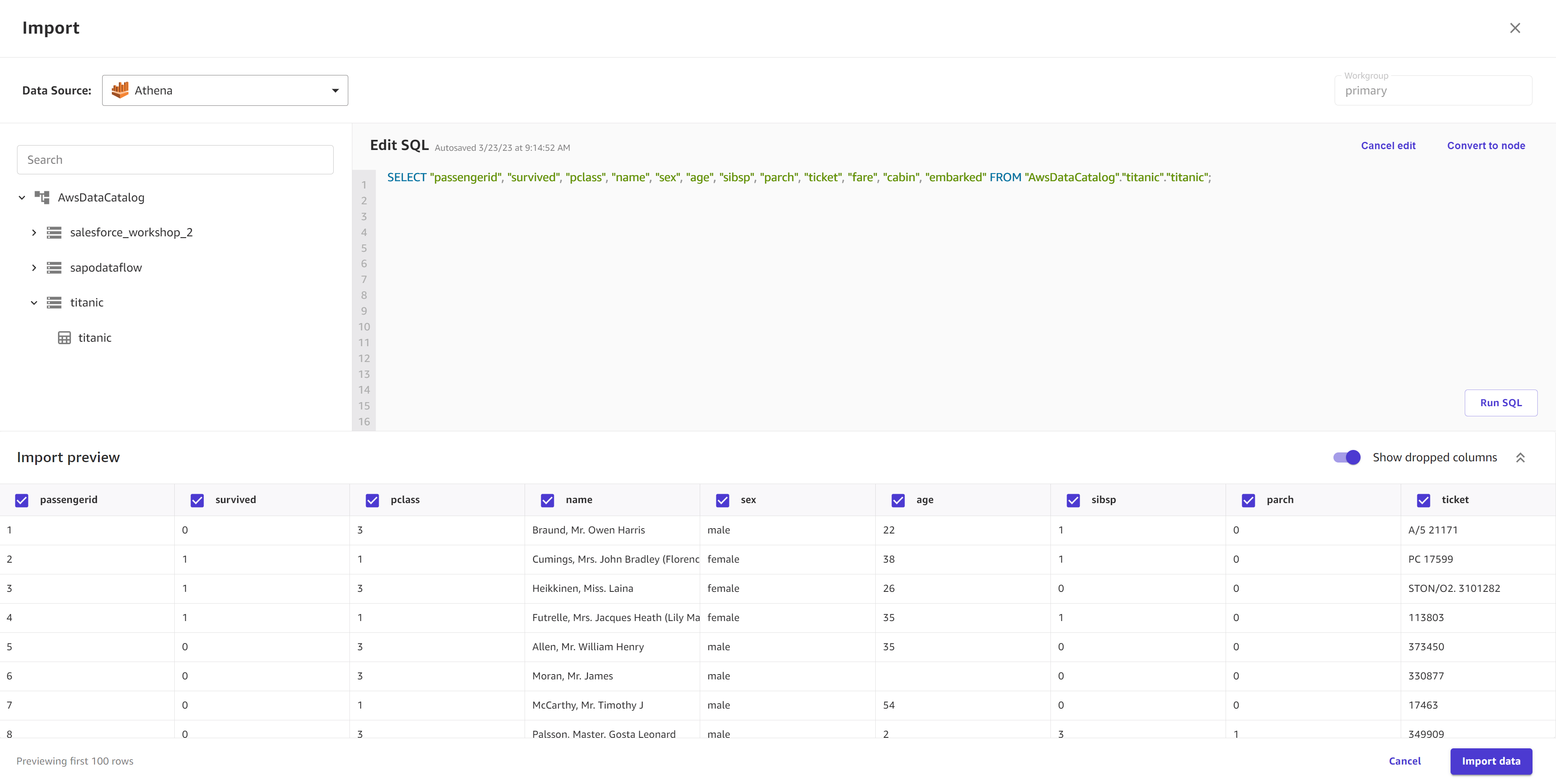 Screenshot showing a SQL query in the Edit SQL view for Amazon Athena data.