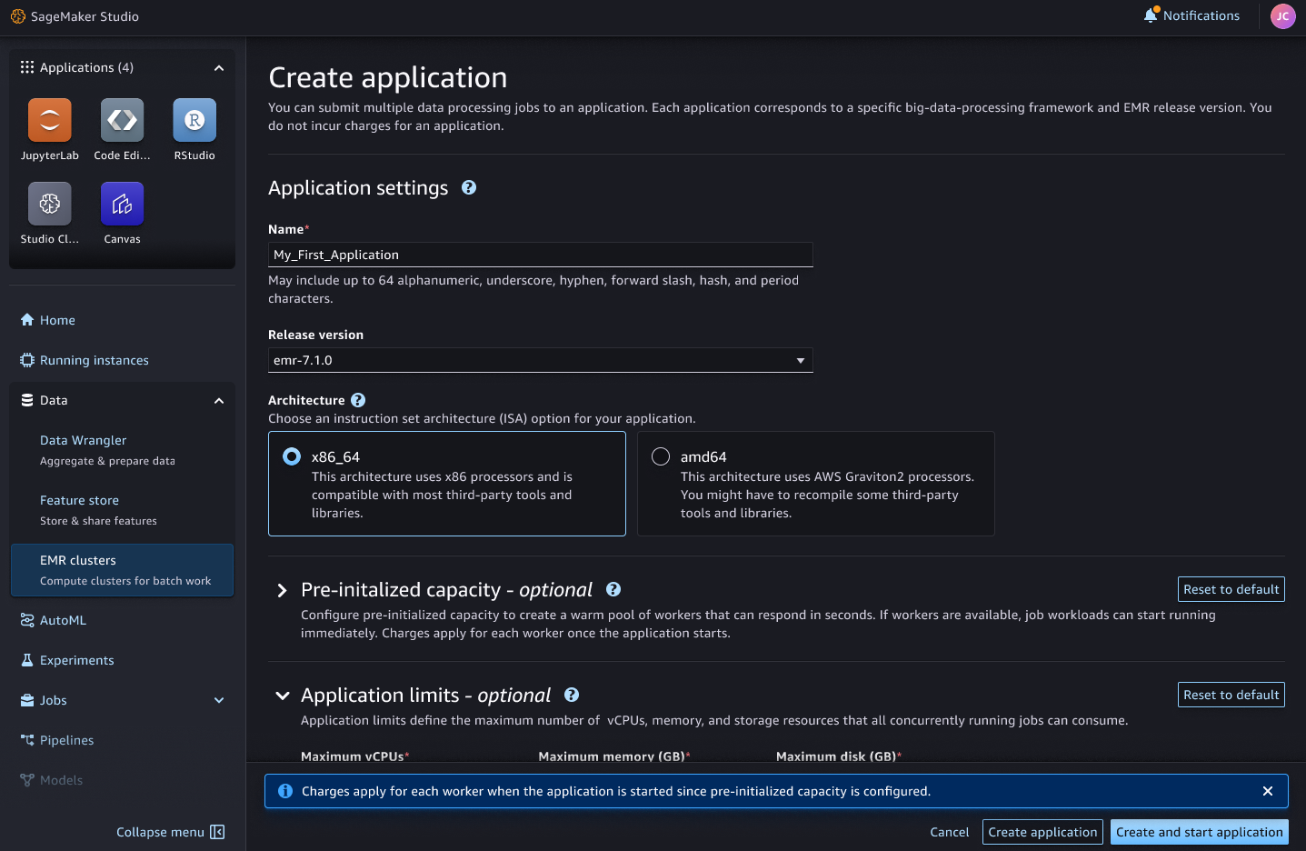 Creation form of an EMR Serverless application from Studio.