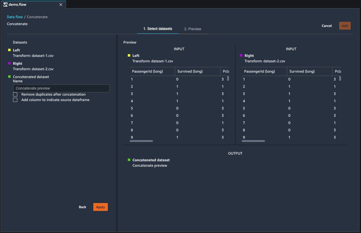 Example concatenated dataset tables in the data flow section in the Data Wrangler console.