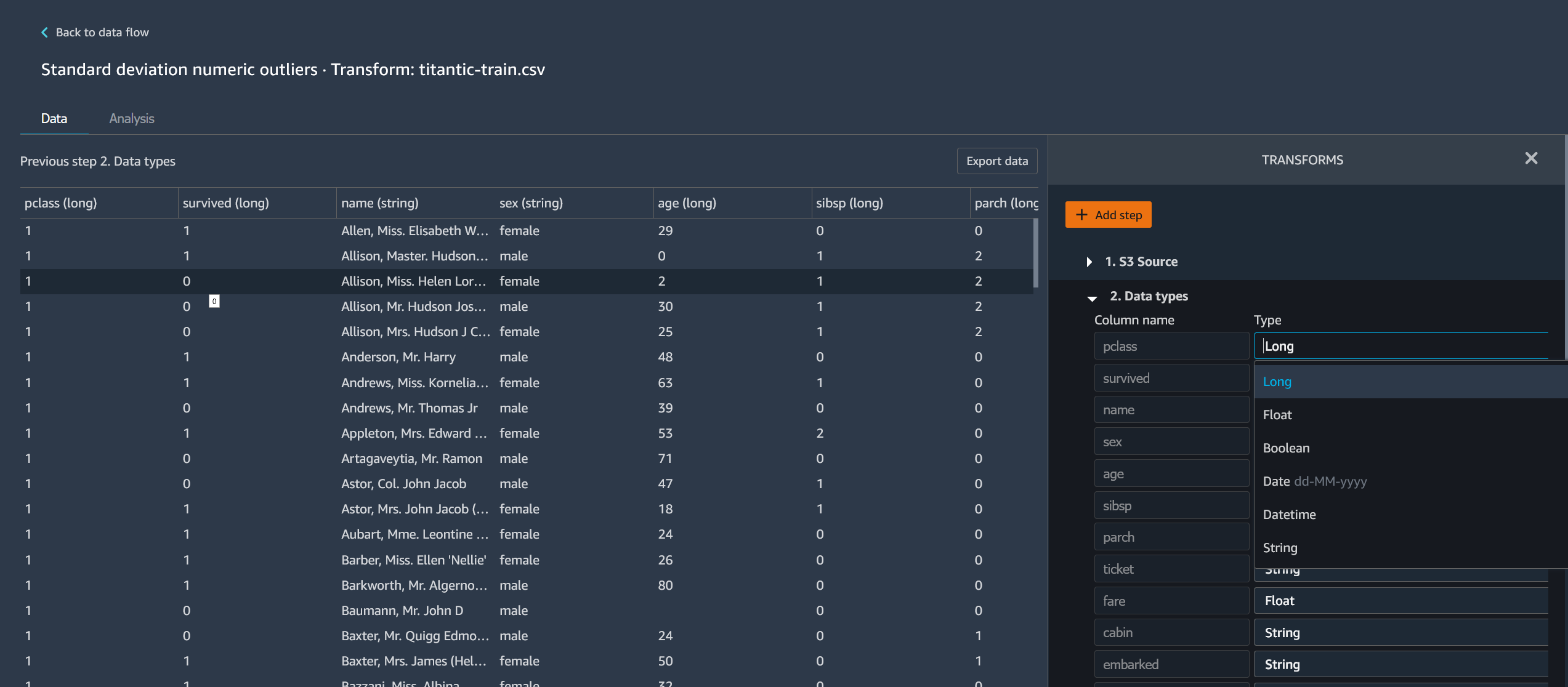 Example showing how to edit steps in the data flow page of the Data Wrangler console.