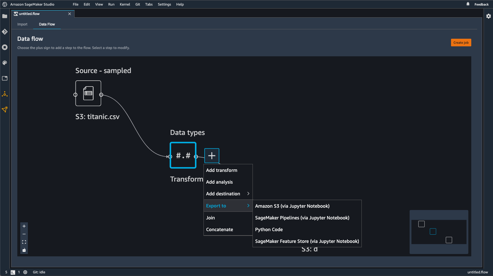 Example data flow showing how to export your Data Wrangler flow in the Data Wrangler console.