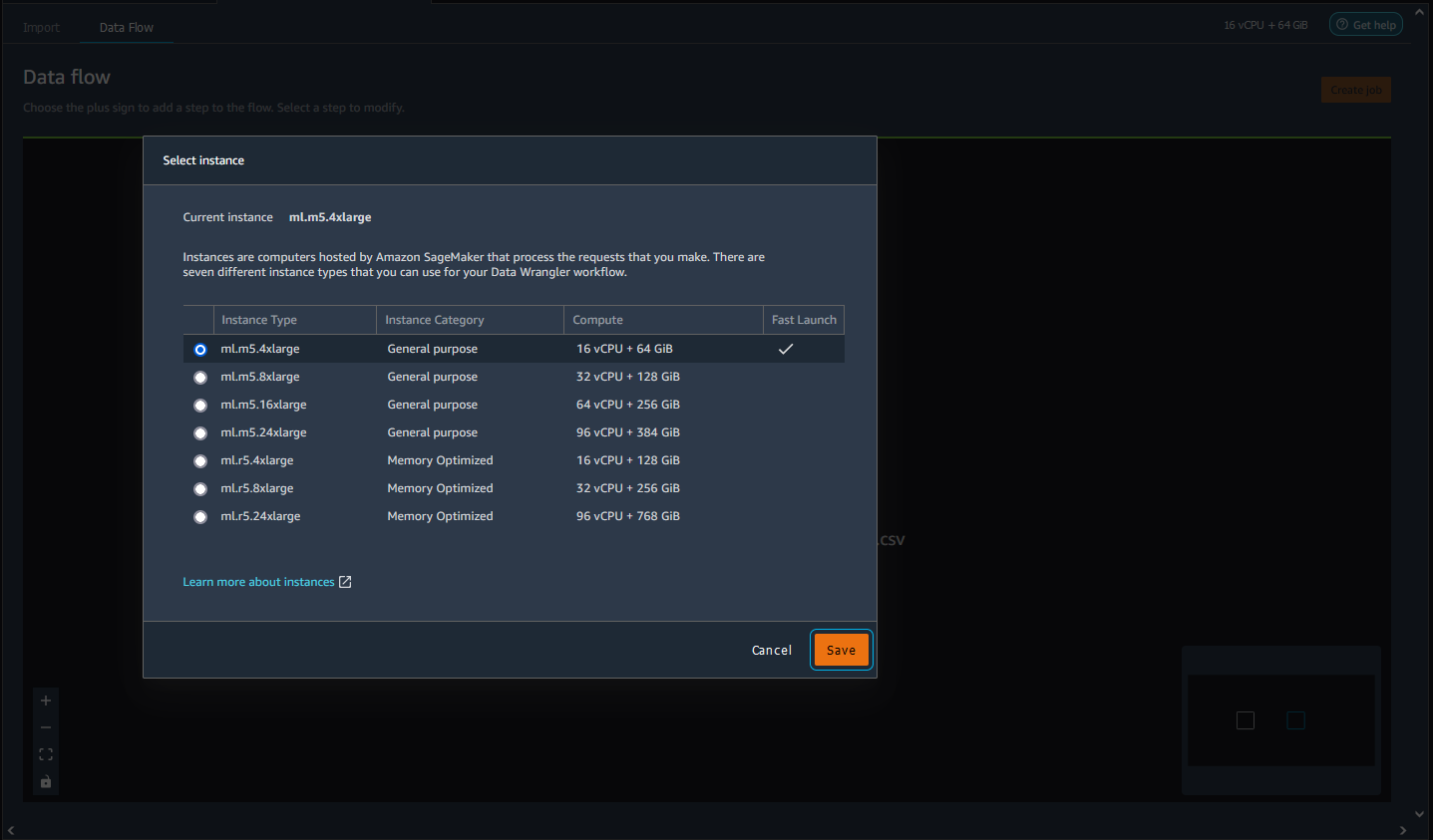 Example showing how to choose an instance in the data flow page of the Data Wrangler console.
