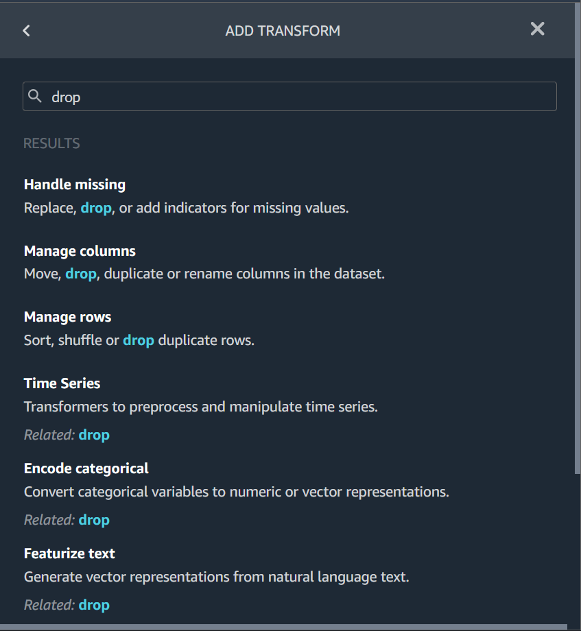 Search box located toward the top of the ADD TRANSFORM section.