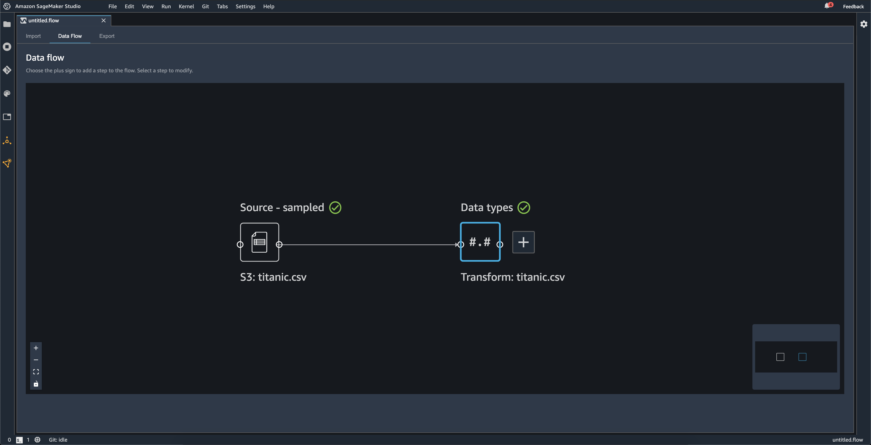 Example showing Source - sampled and Data types in the Data Wrangler console.