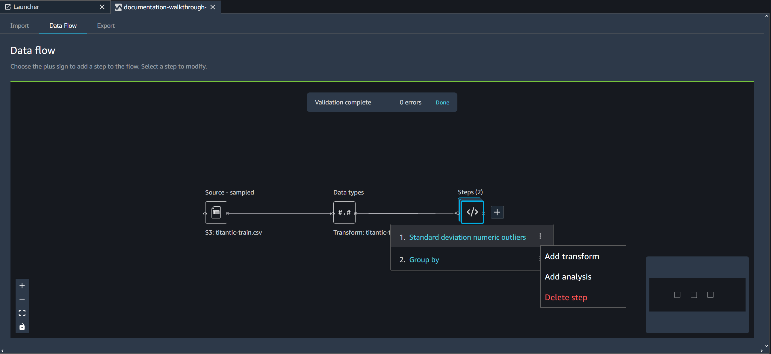 Example showing how to delete a step in the data flow page of the Data Wrangler console.