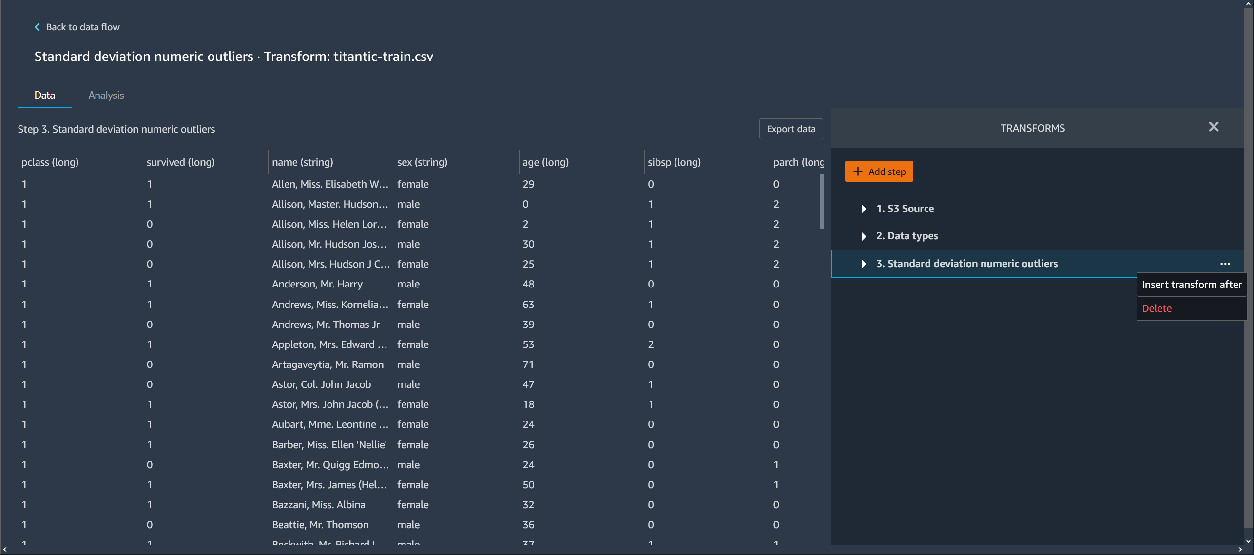 Example showing how to delete a step in the table view of the Data Wrangler console.