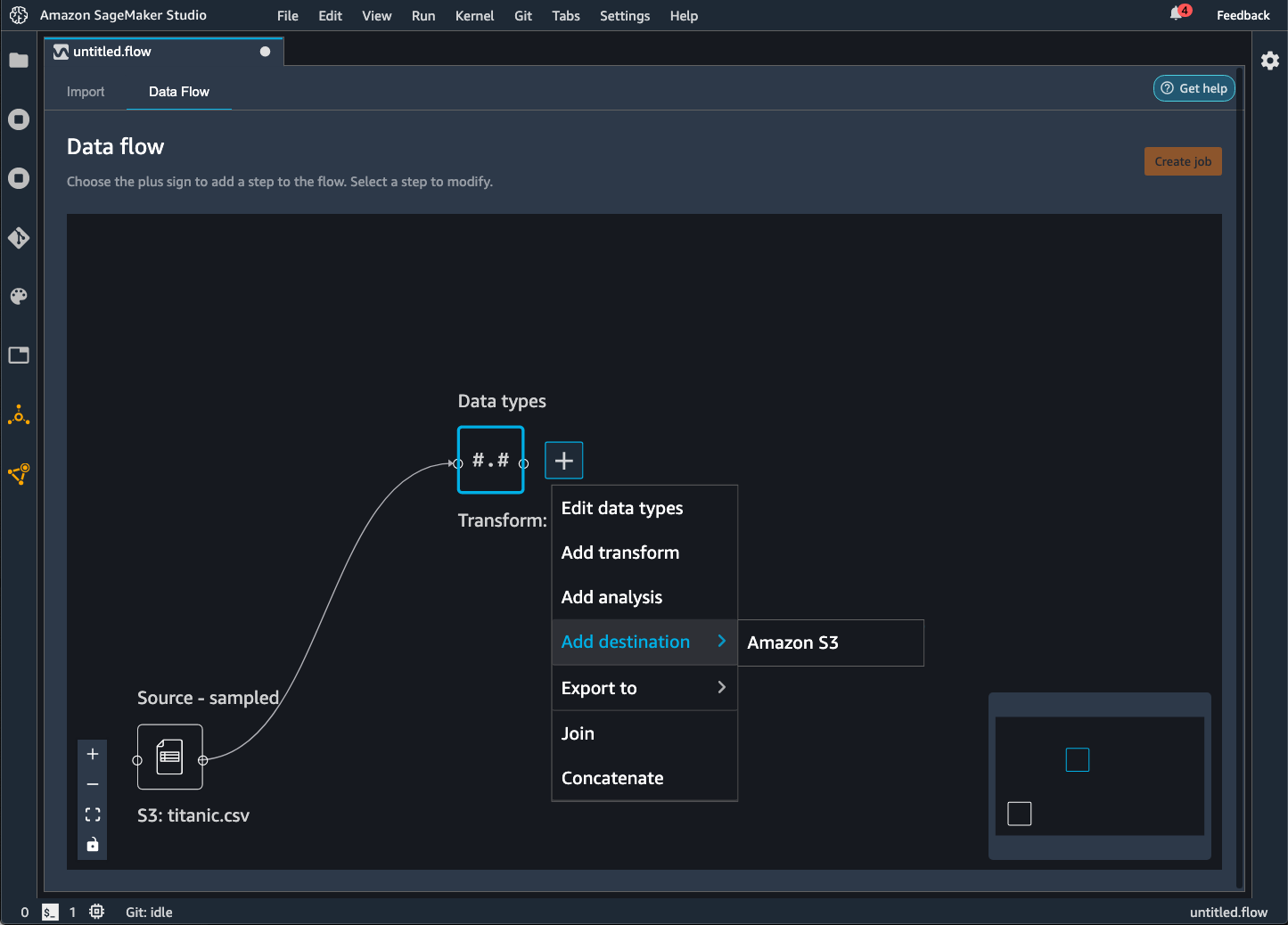 Example data flow showing how to add a destination in the Data Wrangler console.