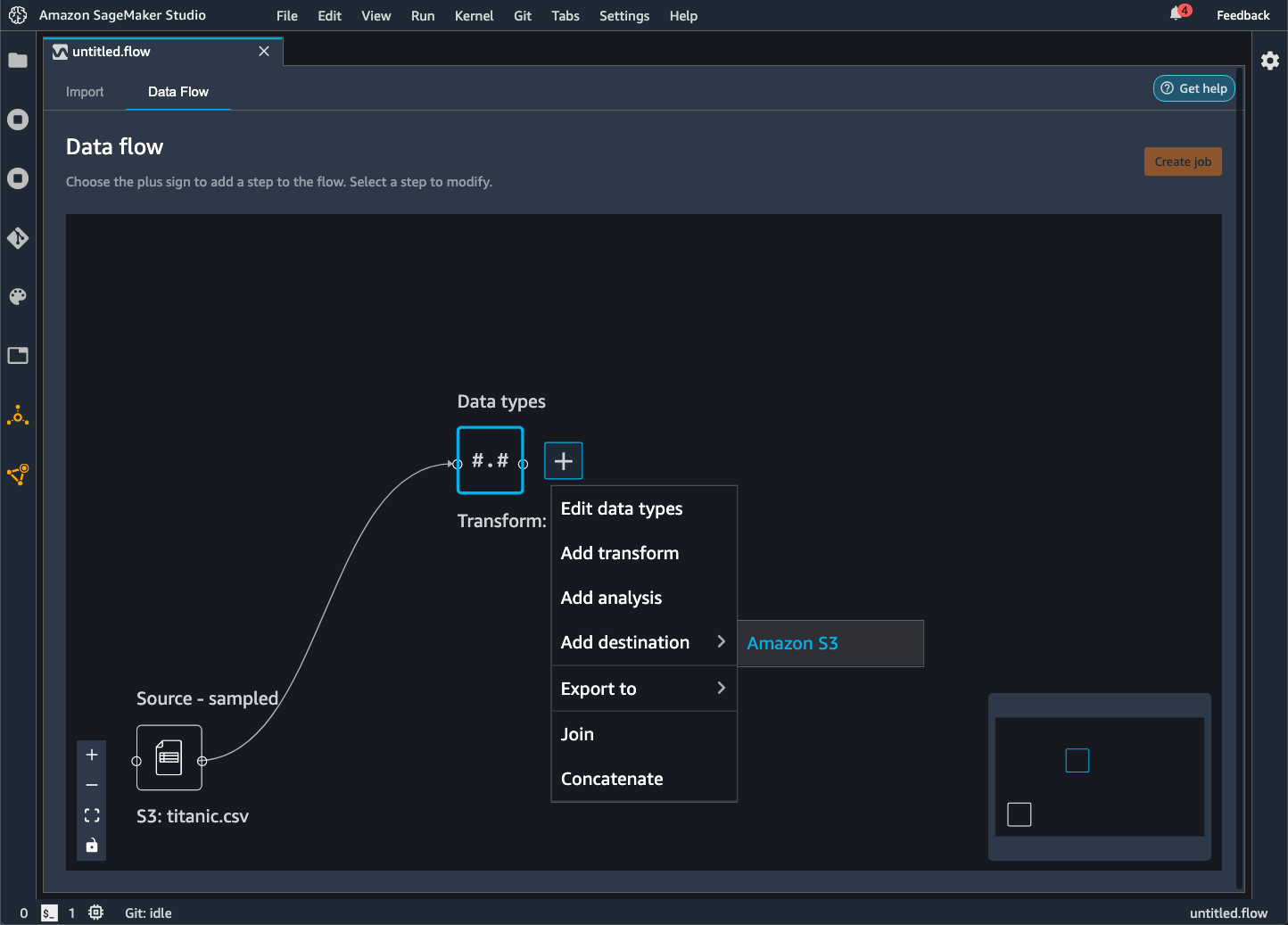 Example dataflow showing how to add destination in the Data Wrangler console.