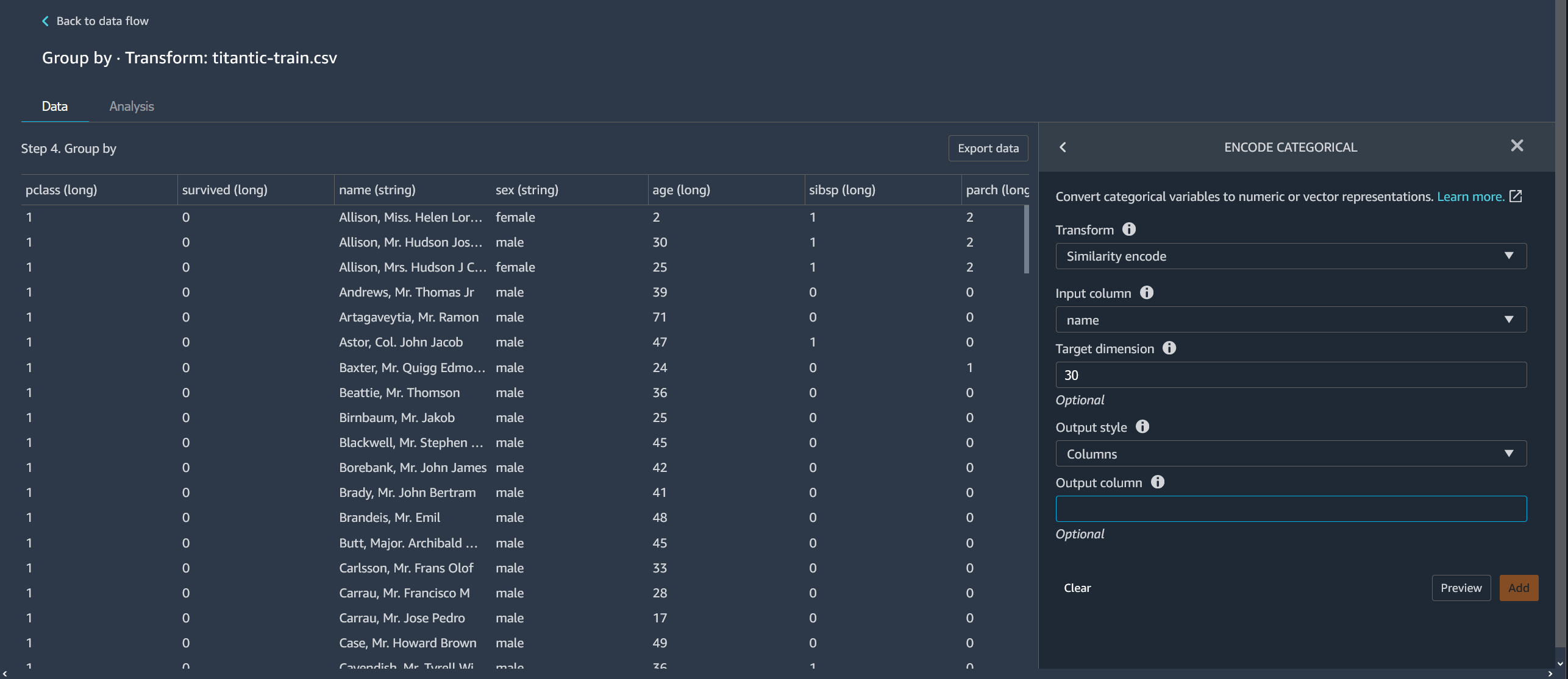 Example on using ENCODE CATEGORICAL for a table in the Data Wrangler console.