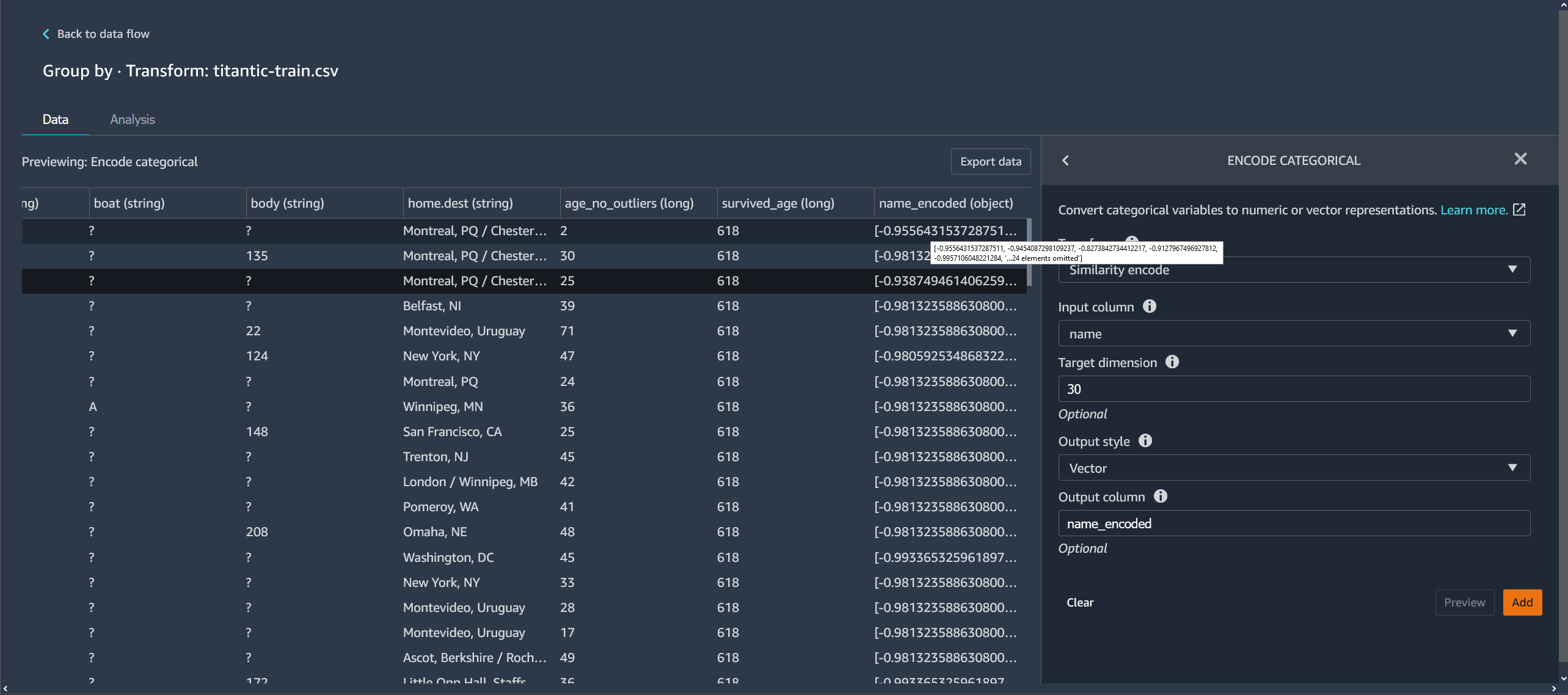 Example vector representation of a variable found in a table in the Data Wrangler console.