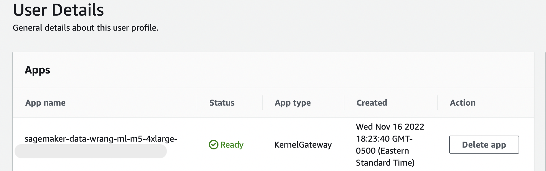 Example showing the KernelGateway app status is Ready on the User Details page.
