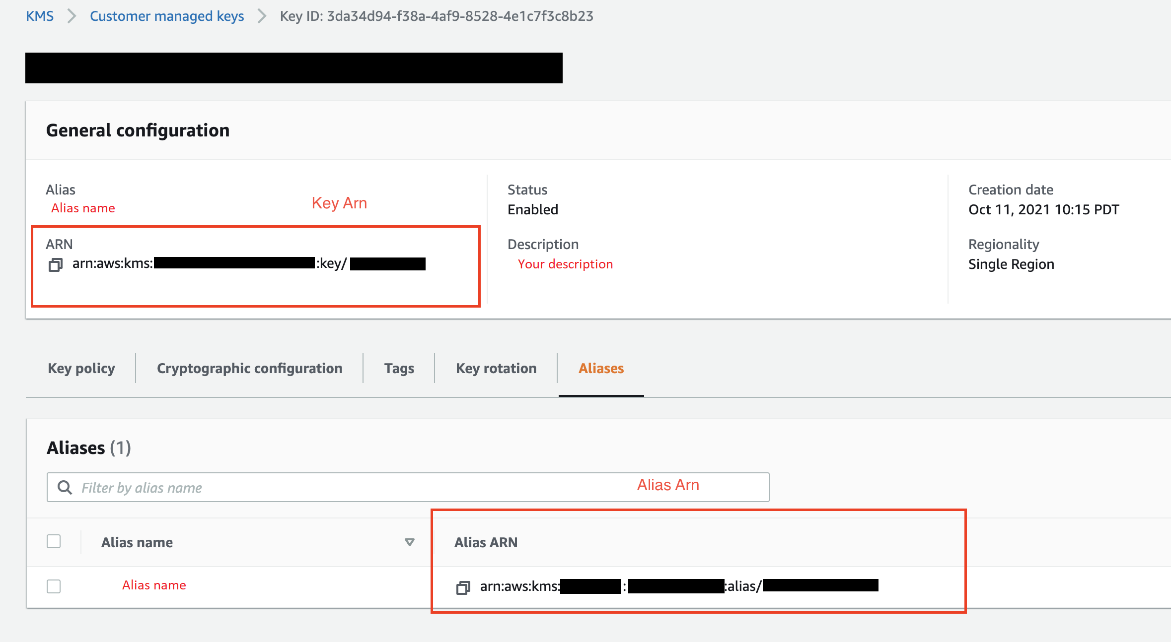 The location of the AWS KMS alias ARN, alias name, and key ARN in the AWS KMS console.