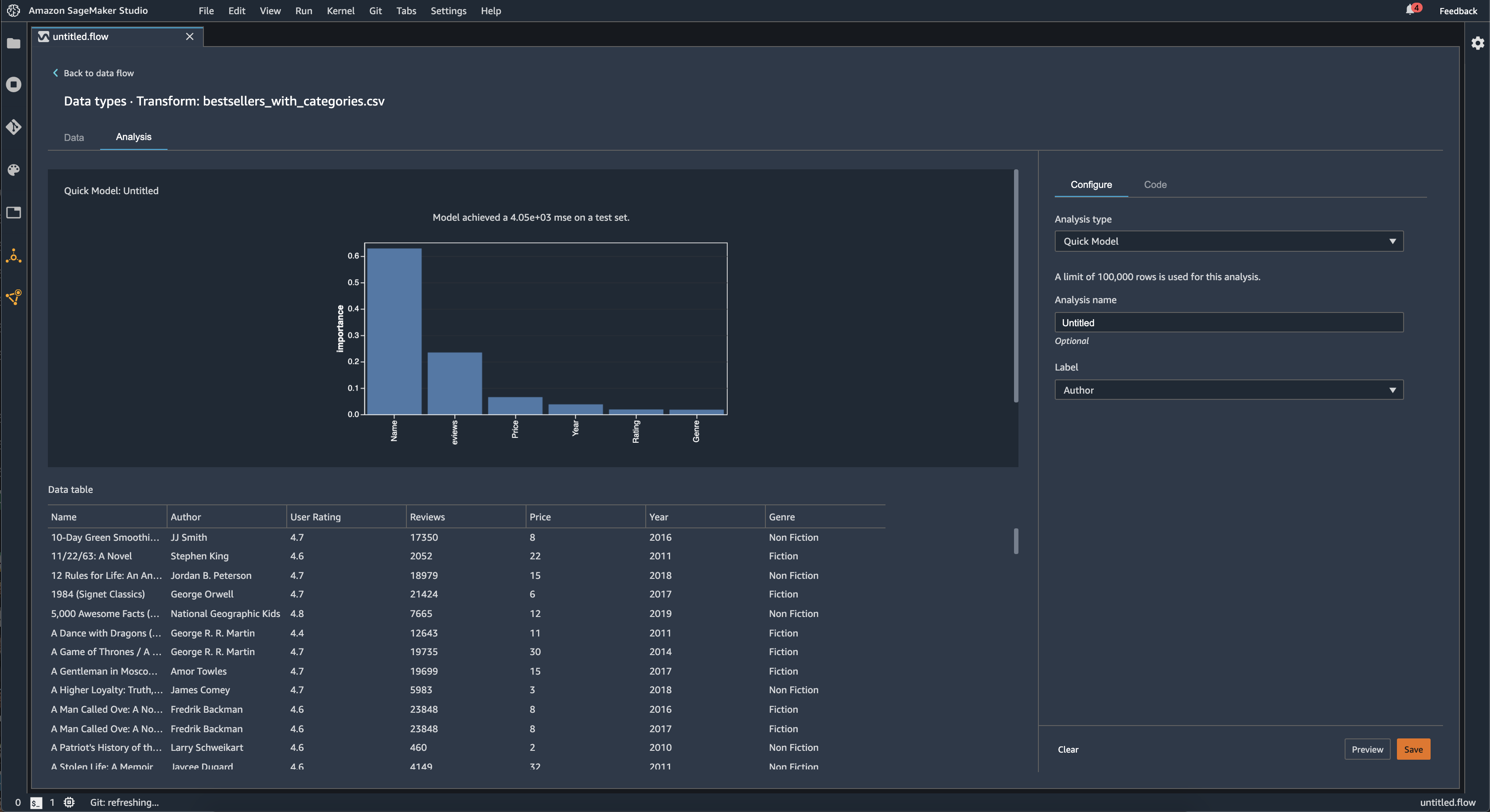Example UI of the quick model feature in the Data Wrangler console.