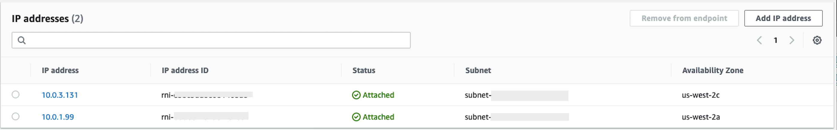 The IP Addresses section in the console.