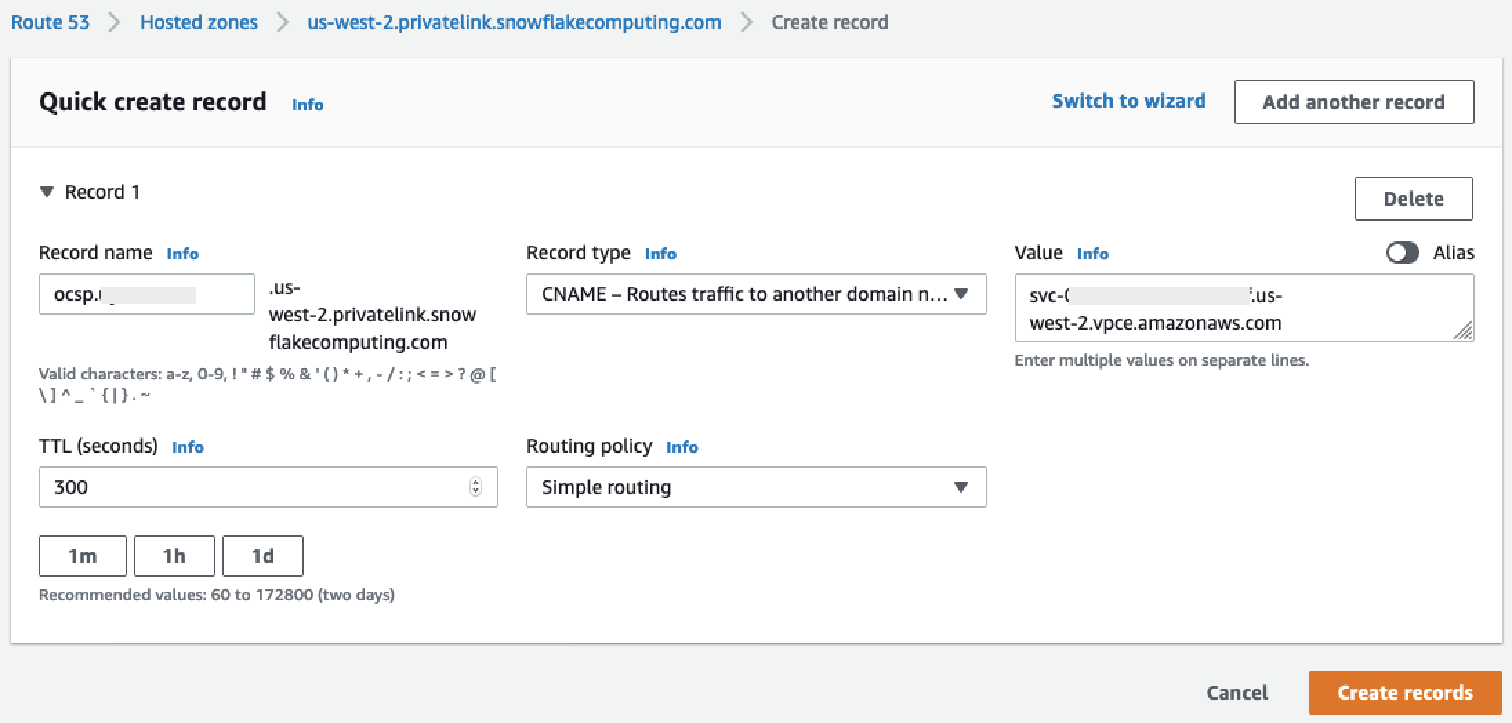The Quick create record section in the console.