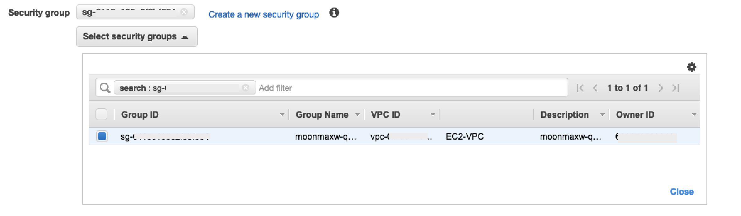 The Security group section in the console.