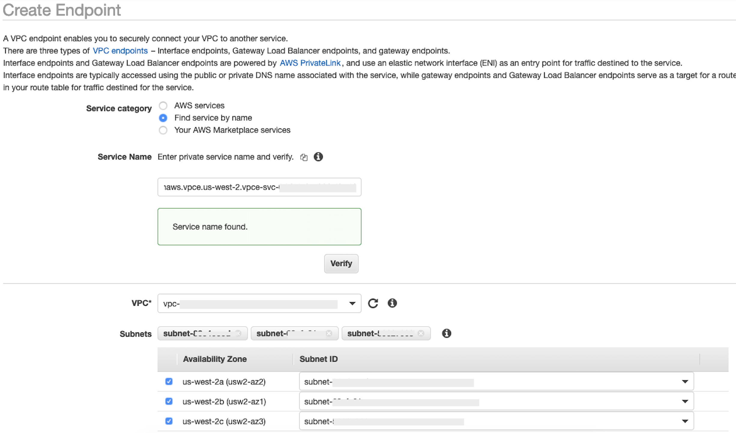The Create Endpoint section in the console showing the connection is successful.