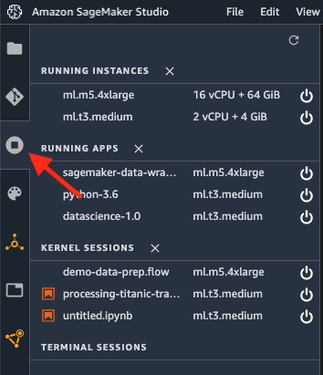The location of the Running Terminals and Kernels icon in the console.