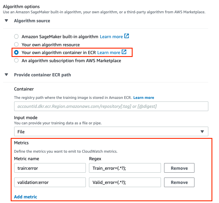 Example Algorithm options form in the console.