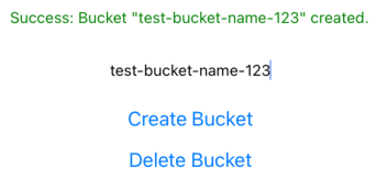 Success message showing bucket test-bucket-name-123 created with Create Bucket and Delete Bucket options.
