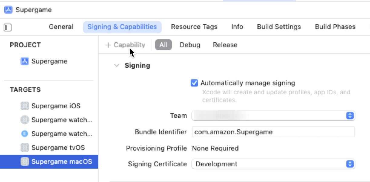 Signing and Capabilities panel showing Automatically manage signing checkbox and fields for Team, Bundle Identifier, Provisioning Profile, and Signing Certificate.