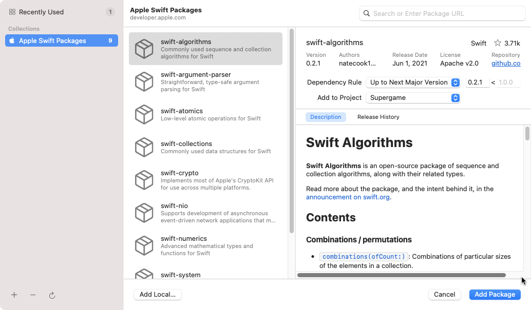 The package selection dialog box in Xcode.