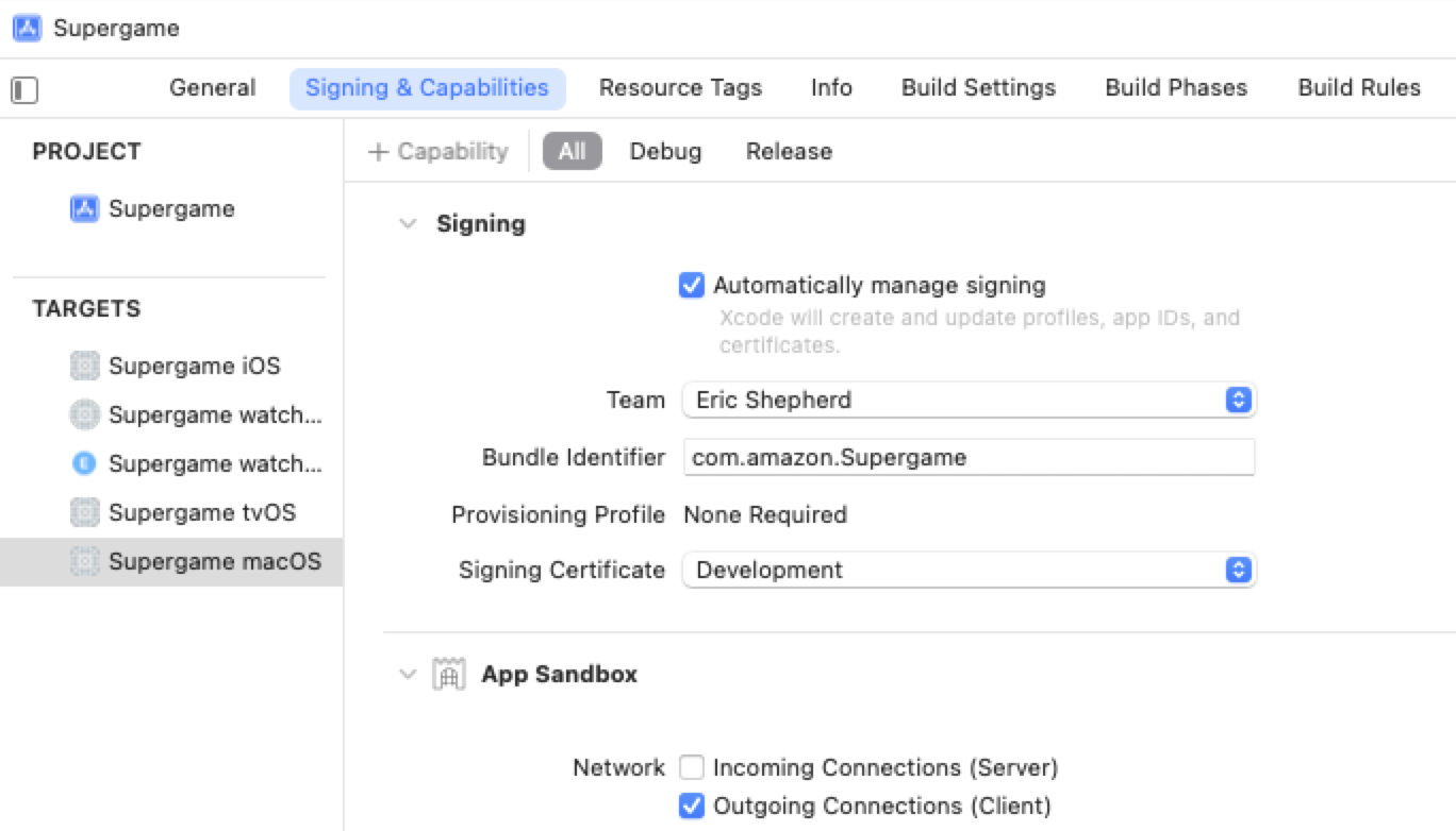 Signing and Capabilities panel showing App Sandbox section with Outgoing Connections selected.
