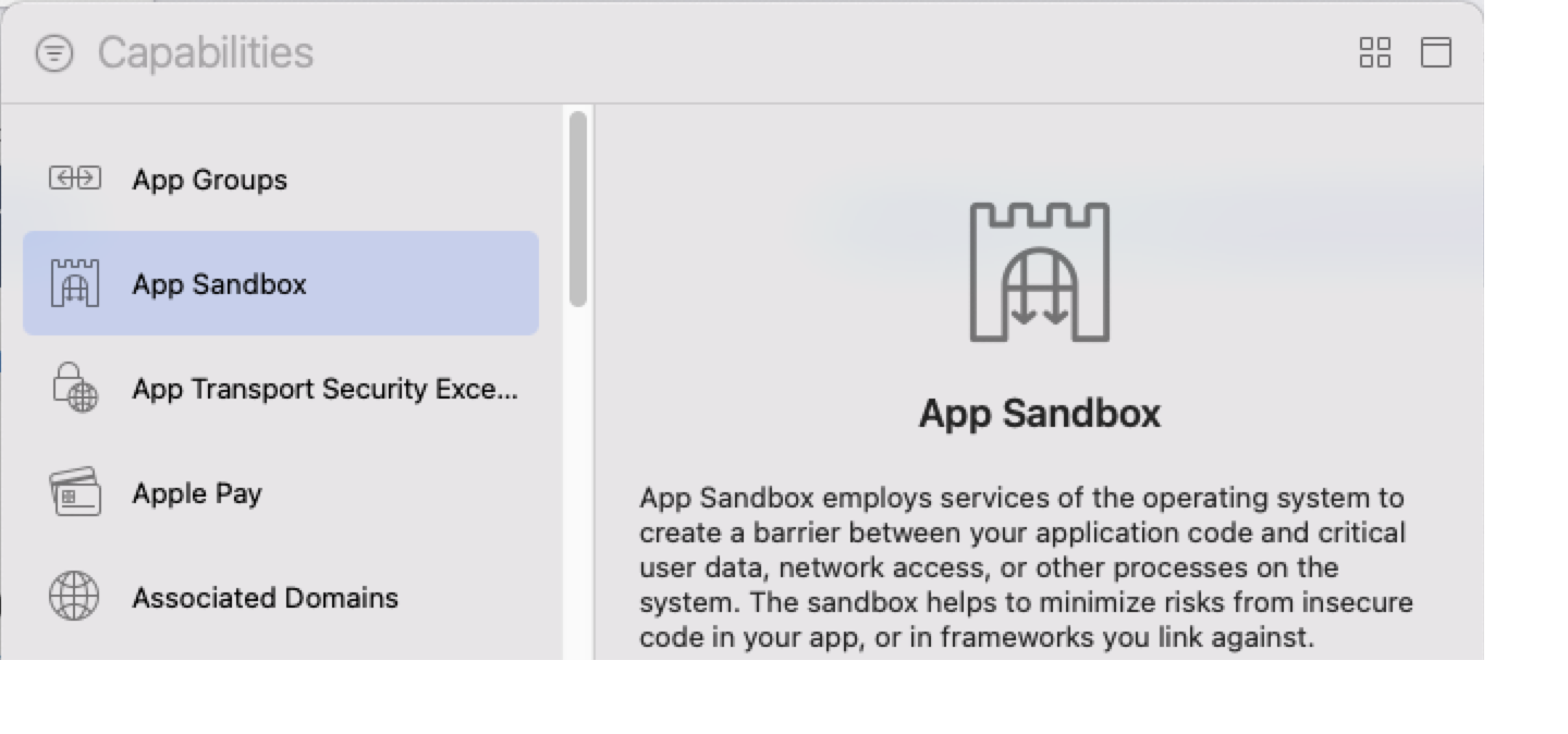 App Sandbox capability selected in the Capabilities panel showing description text.