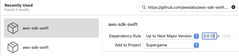 The Xcode dependency rule configuration panel during package import.