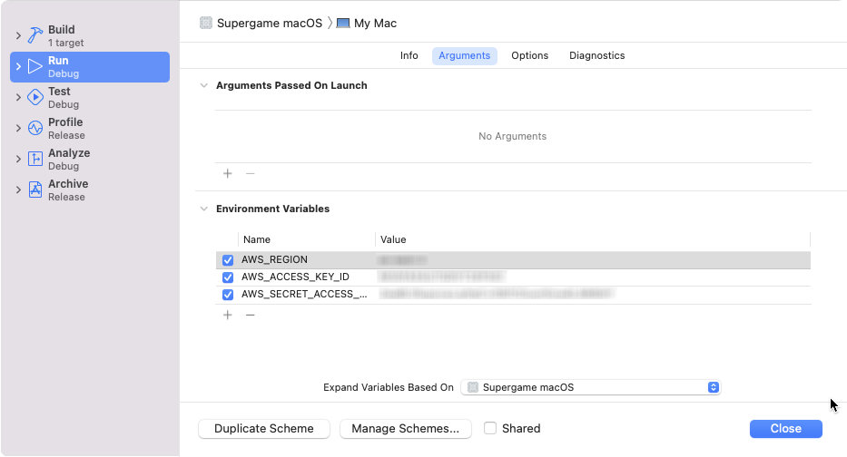 Arguments tab showing Environment Variables section with AWS credentials configured.