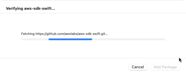 The Xcode Verifying aws-sdk-swift package window.