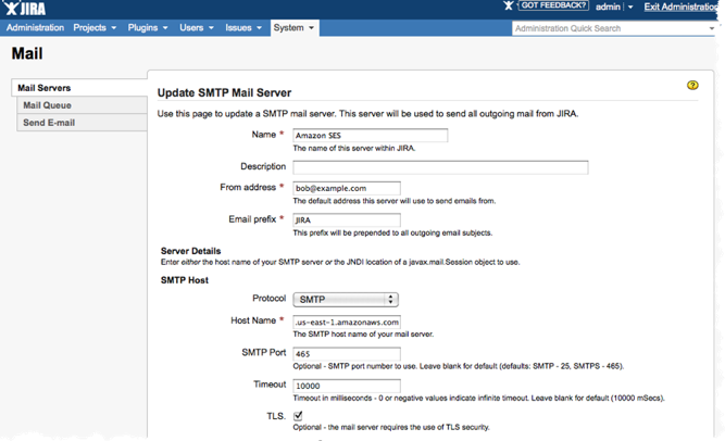 SMTP email configuration for JIRA