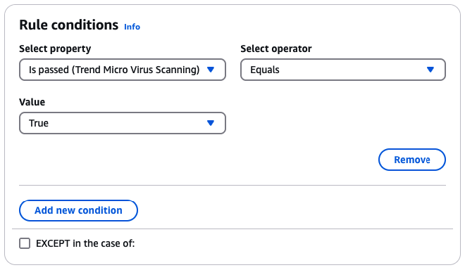 Using the Trend Micro Virus Scanning Add On in a rule condition to determine a rule action for email that passes the virus scan.