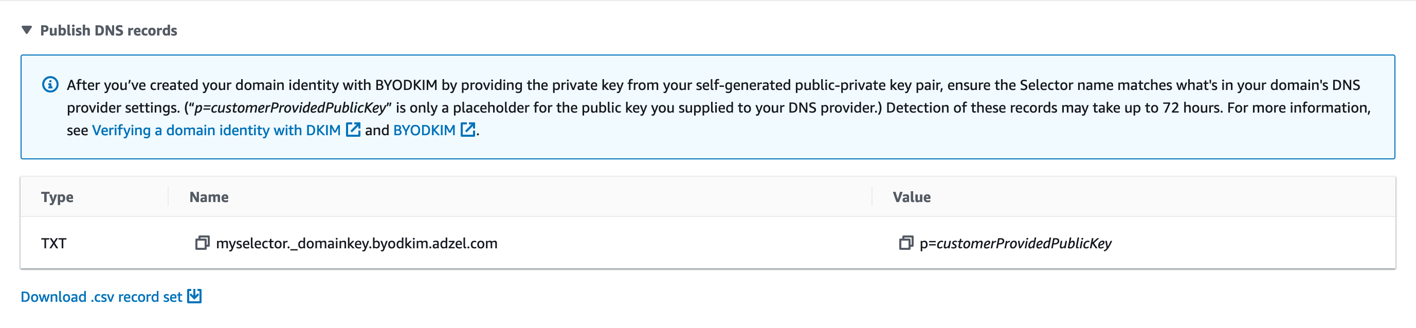 The DKIM section of a details page for an identity. Three fictitious CNAME records are shown.