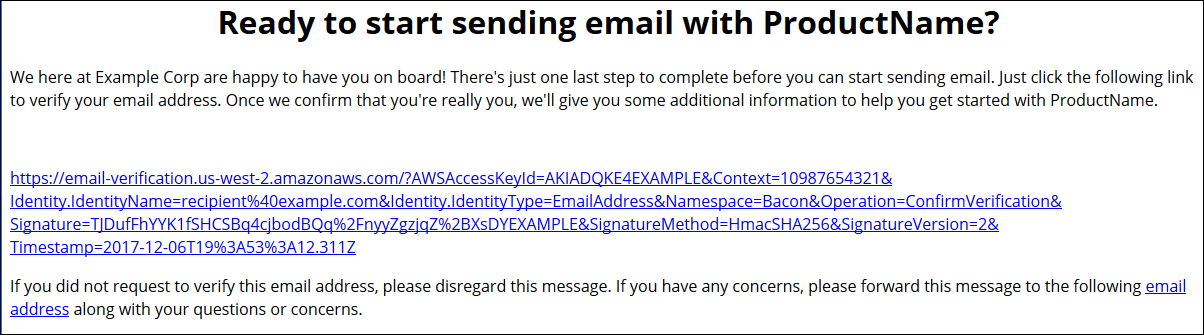 Email verification message with verification link, welcome text, and disclaimer footer.