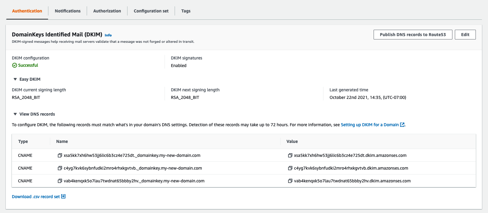 The DKIM section of a details page for an identity. Three fictitious CNAME records are shown.