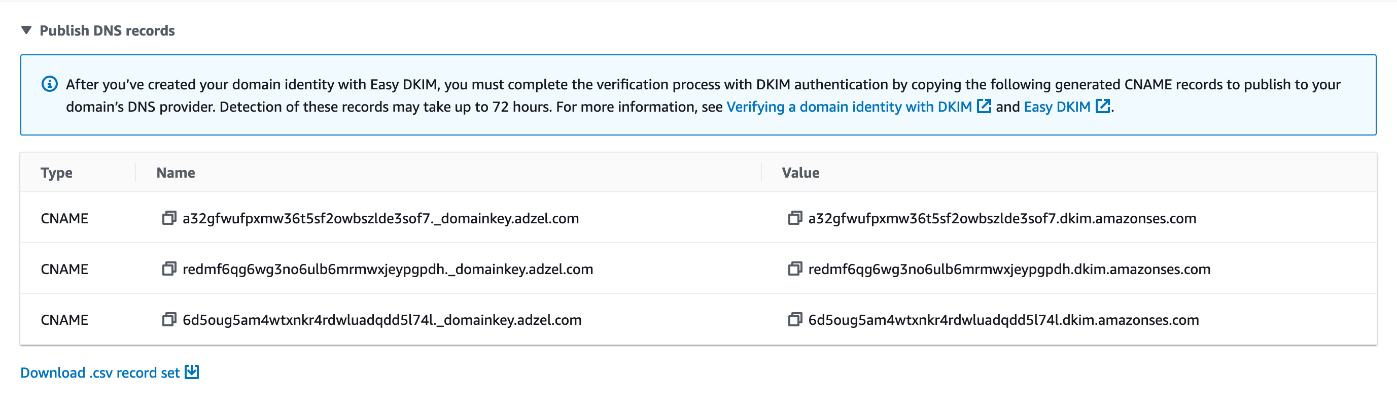 The DKIM section of a details page for an identity. Three fictitious CNAME records are shown.