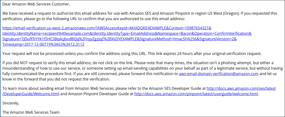 Email verification message from AWS with confirmation URL and instructions.