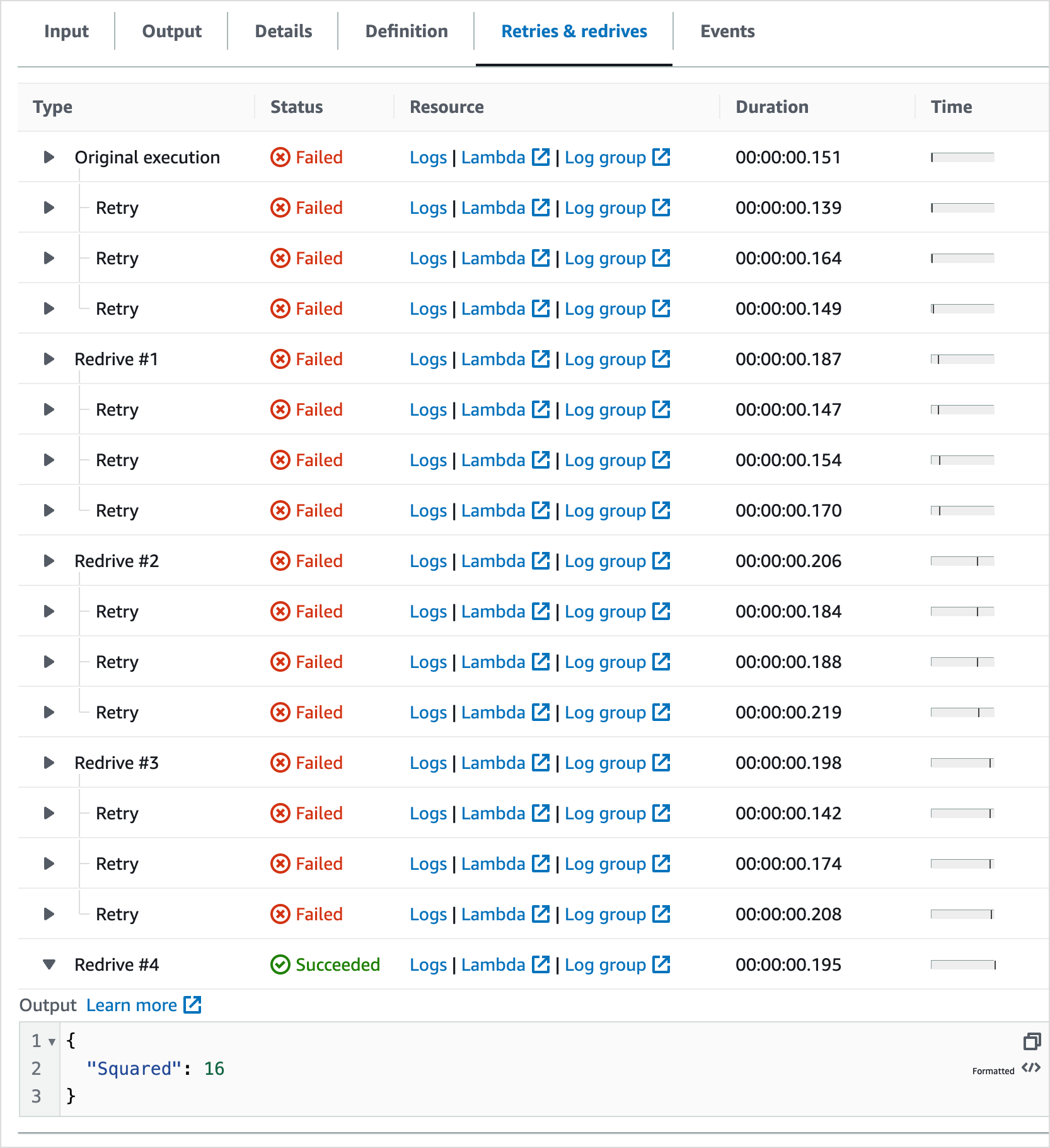 Illustrative screenshot showing three failed retries and success on a fourth retry.