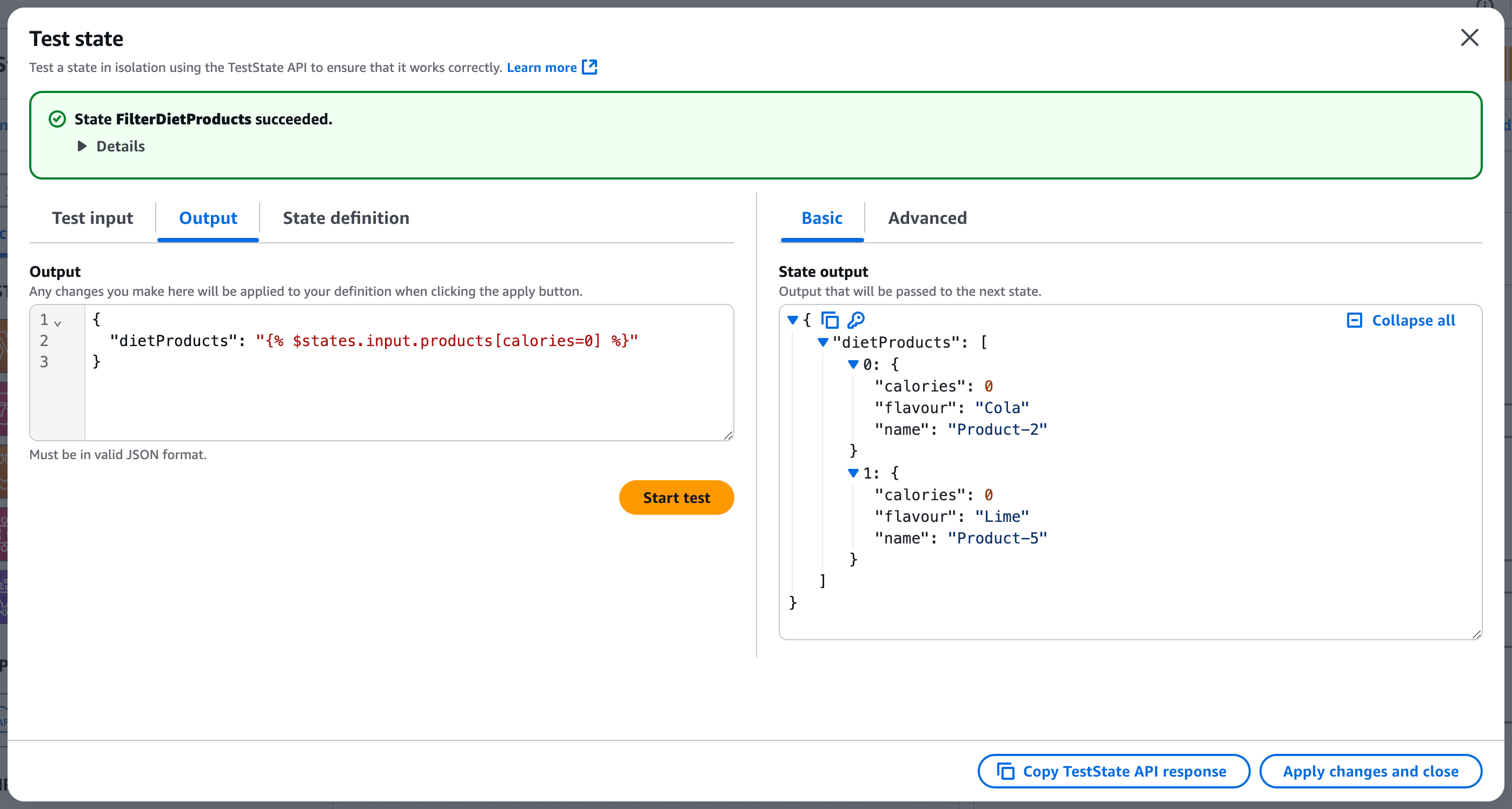 Step Functions console TestState view showing JSONata filtering results, with the output containing only zero-calorie products filtered from the input product list.