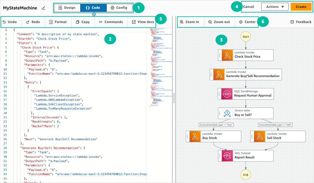 Illustrative screenshot of editing a workflow definition in Code mode.