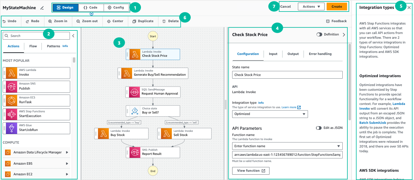 Screenshot of Design mode, showing states browser, workflow canvas, inspector, and help panels.