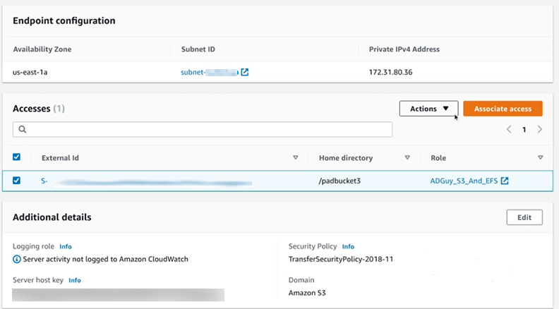 Console showing the Accesses section with the server accesses listed.