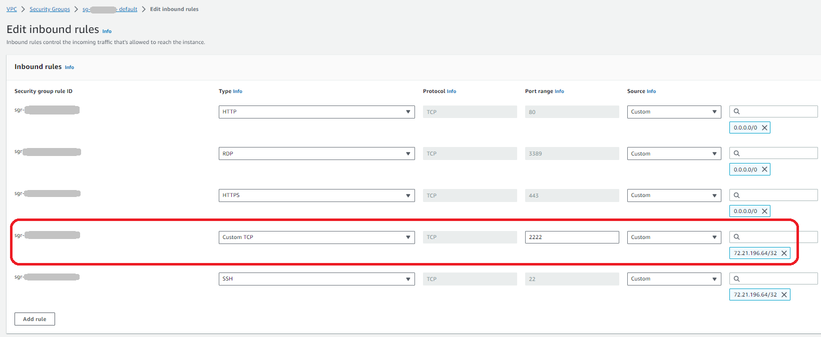The inbound rules for a sample security group, showing a rule for SSH on port 22 and Custom TCP on port 2222.