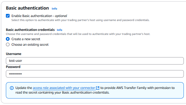 The Create connector page in the AWS Transfer Family console, showing the Basic authentication section with Create a new secret chosen.