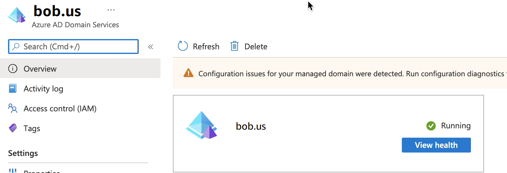 Entra domain services screen showing the resource group bob.us running.