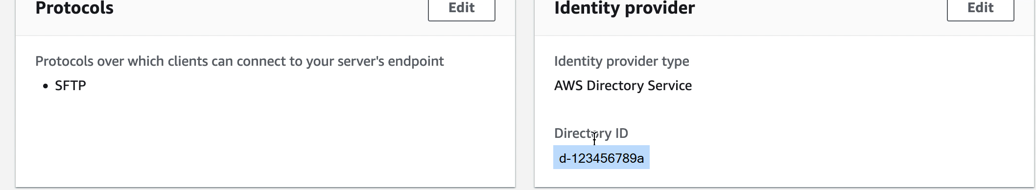 A portion of the Transfer Family server details screen, showing an example Directory ID for the Identity provider.