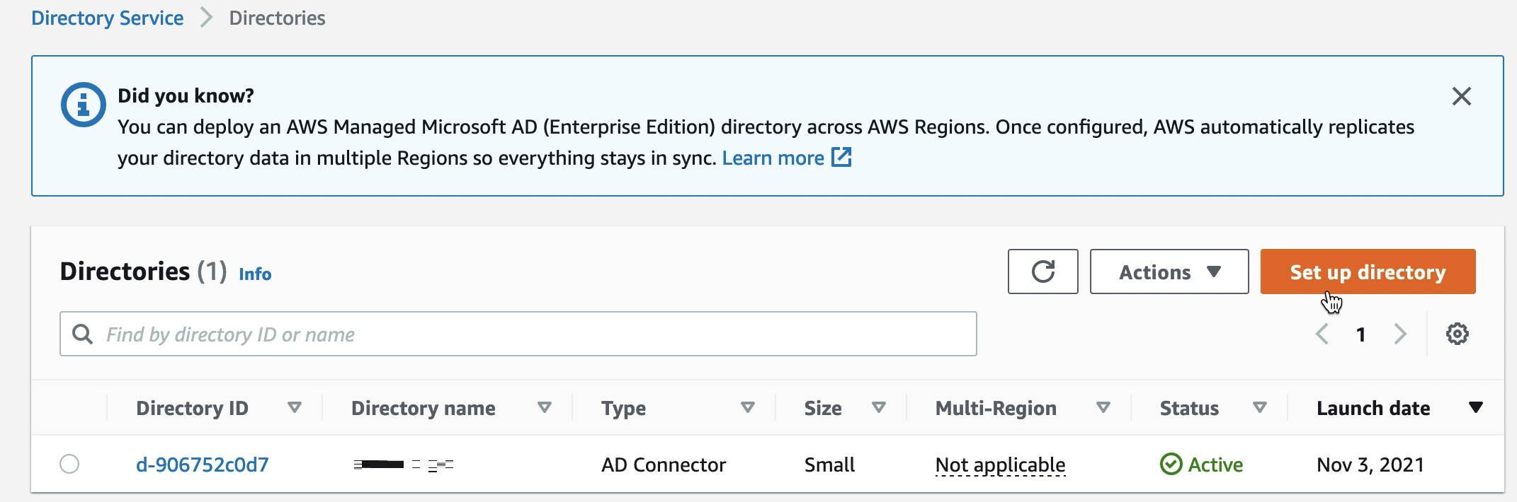 The Directory Services screen showing one directory with a status of Active, as required.