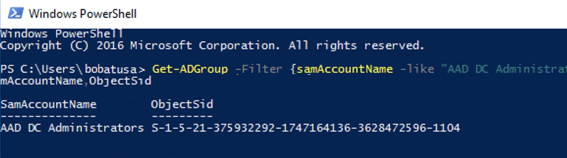 Windows PowerShell showing an Object SID being retrieved.