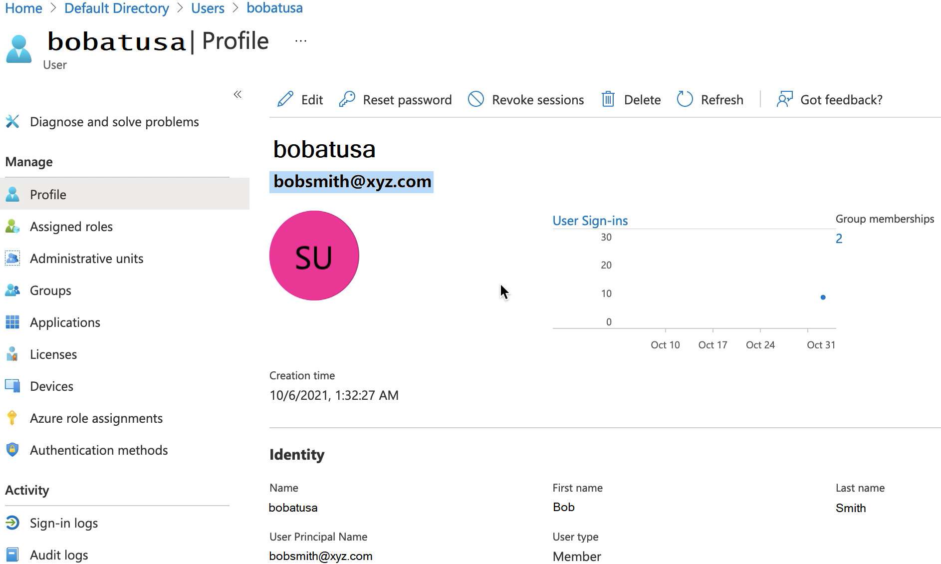 Entra screen showing a profile for a user.
